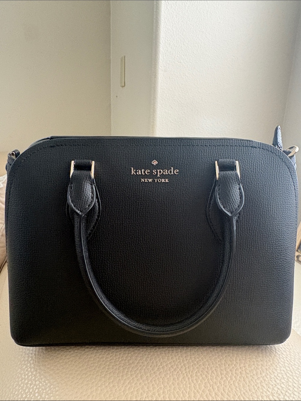 Kate Spade Black Leather Dome Satchel with Gold Logo